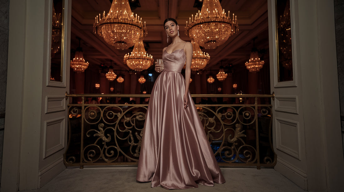 a woman in maxi pink satin evening gown holding a glass