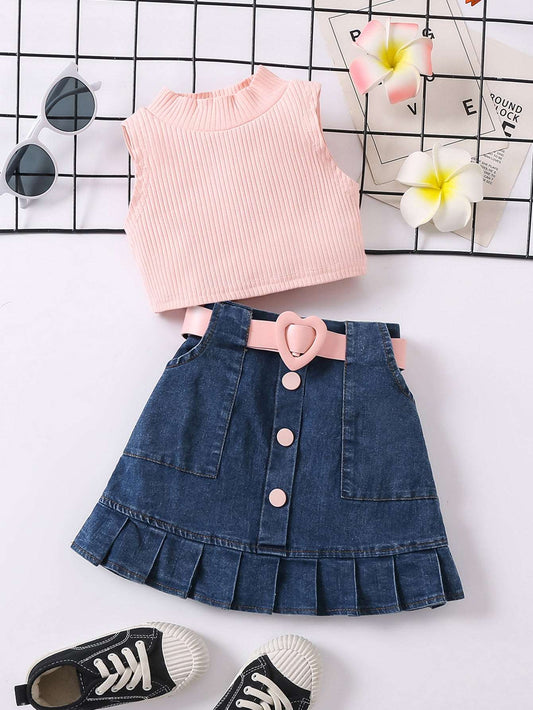 Baby Girl Sleeveless Top and Denim Pleated Skirt with Belt Outfit Set