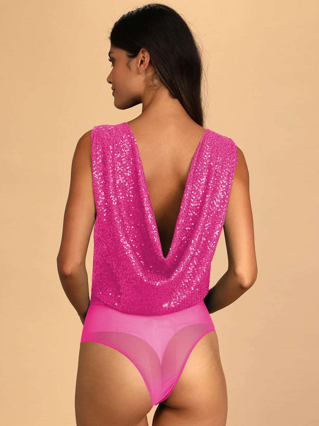 Women's Glitter Sequin Sleeveless Low Cut V-Neck Bodysuit pink