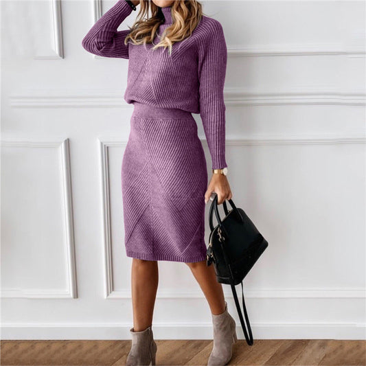 Women's Turtleneck Thickened Knitted Pullover Sweater and Skirt Outfit Set