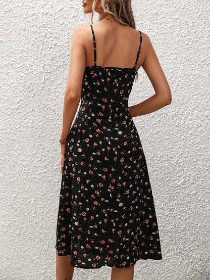 Women's Polka Dot Print Long Suspender Dress with Slit