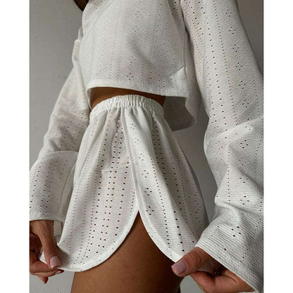 Women's Long Sleeve Top And Shorts Loose Hollow-out Design Pajamas Set