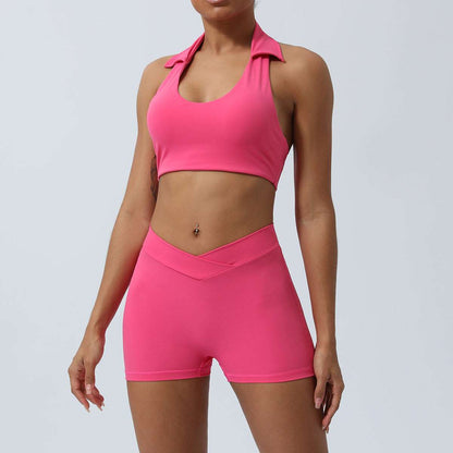 Women's Lapel Collar Sleeveless Top and Hip Lifting Pants or Shorts Sports Set