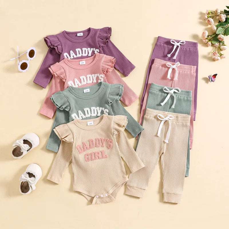 Baby Girl Cute Candy Color Striped and Letter Embroidered Outfit Set