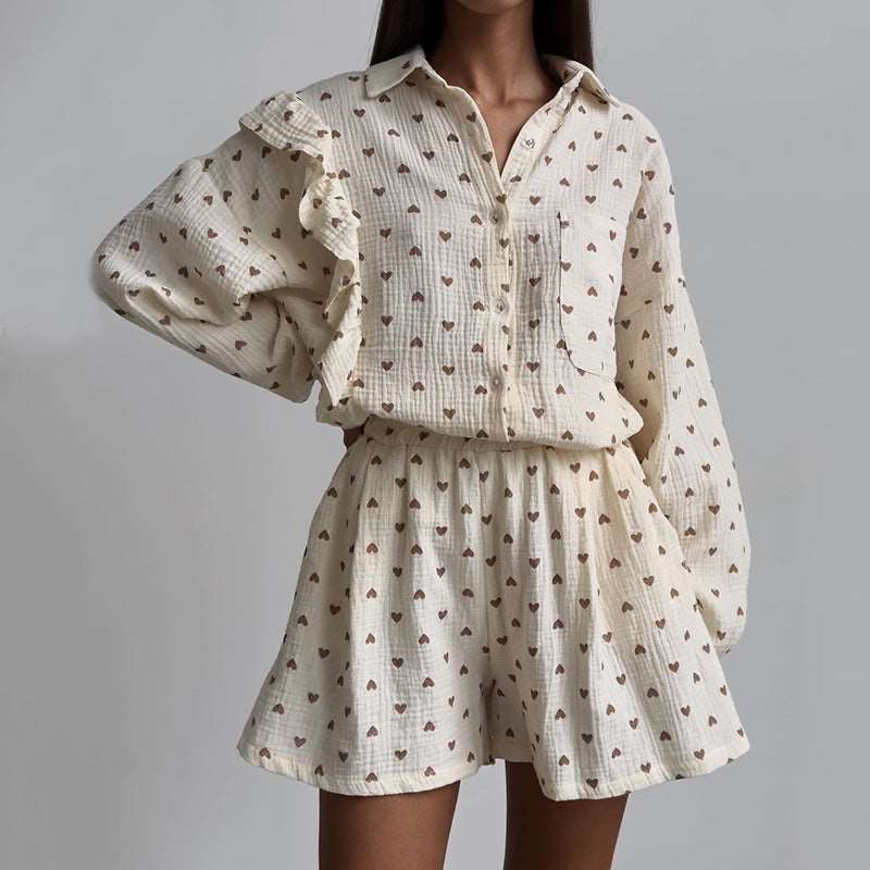 Women's Vintage Boho Heart Pattern Long Sleeved Shirt and Shorts Outfit Set