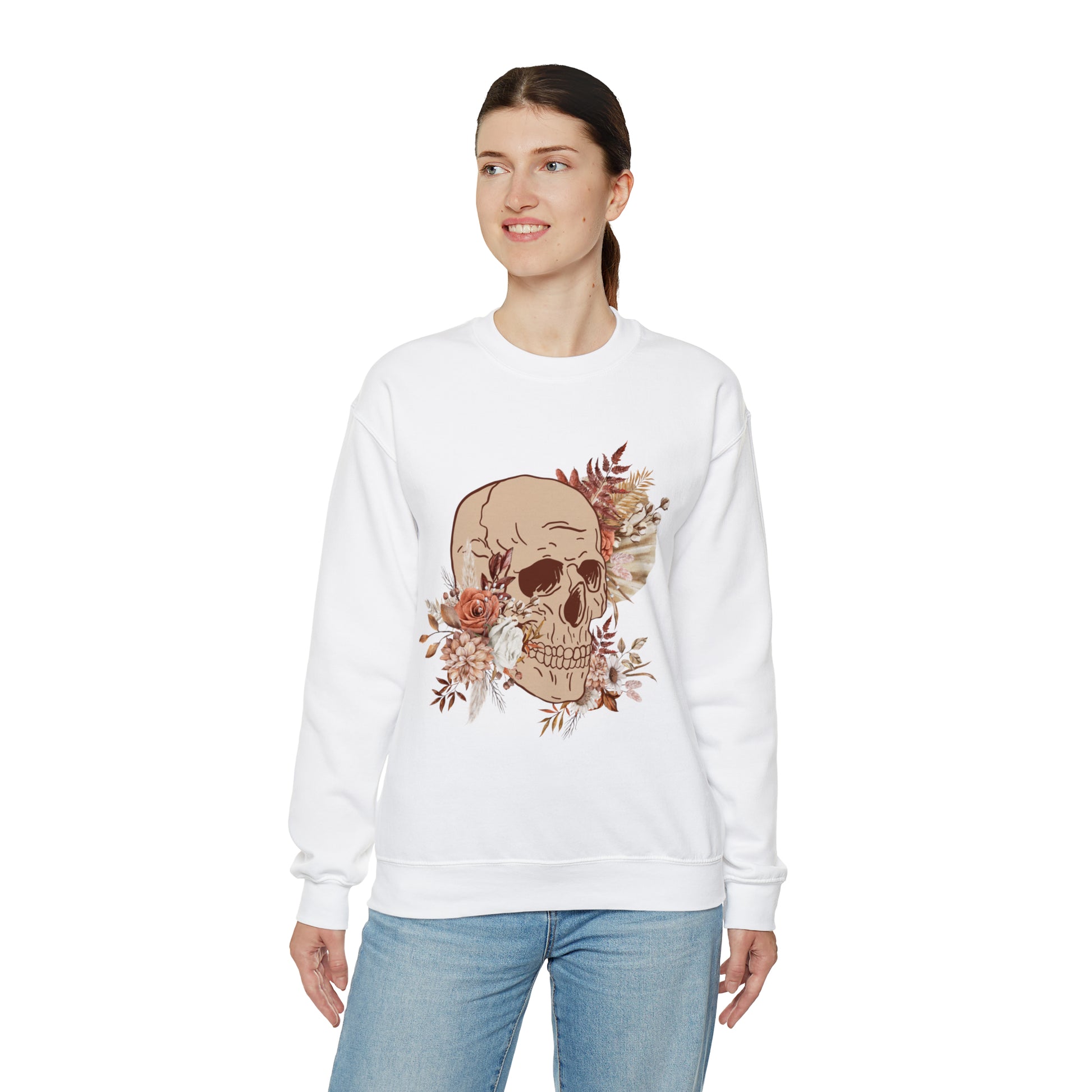 Unisex Vintage Skull and Flower Heavy Blend Crewneck Sweatshirt white