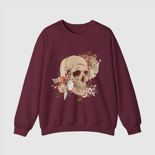 Unisex Vintage Skull and Flower Heavy Blend Crewneck Sweatshirt maroon front