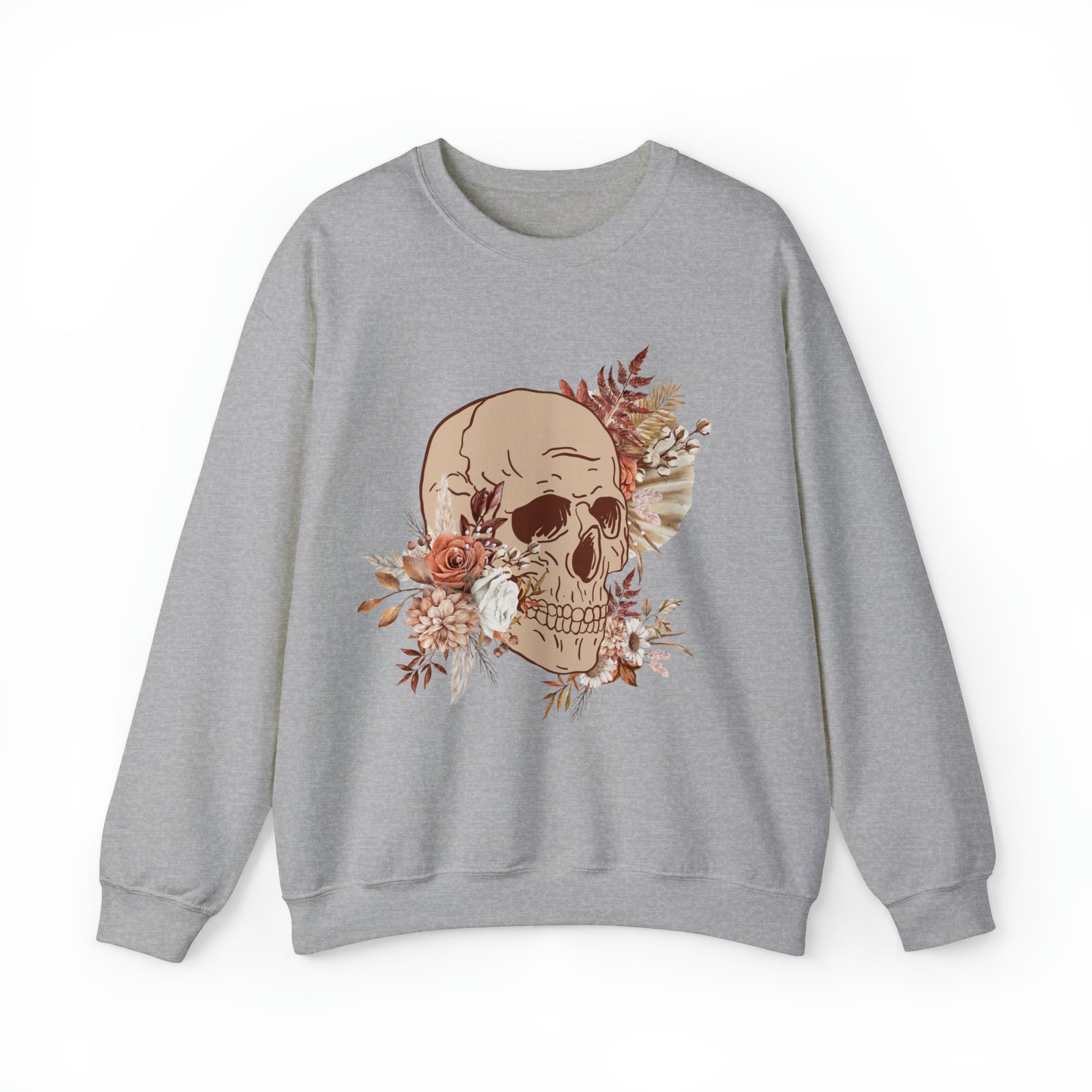 Unisex Vintage Skull and Flower Heavy Blend Crewneck Sweatshirt grey front