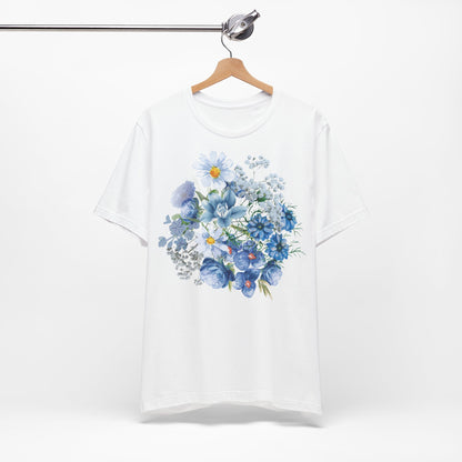Unisex Vintage Gardening Style Blue Flower Jersey Short Sleeve Tee