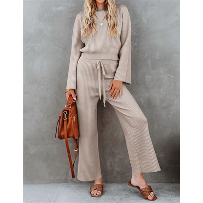 Women's Round Neck Top and Loose Casual Pants Two-piece Outfit Set