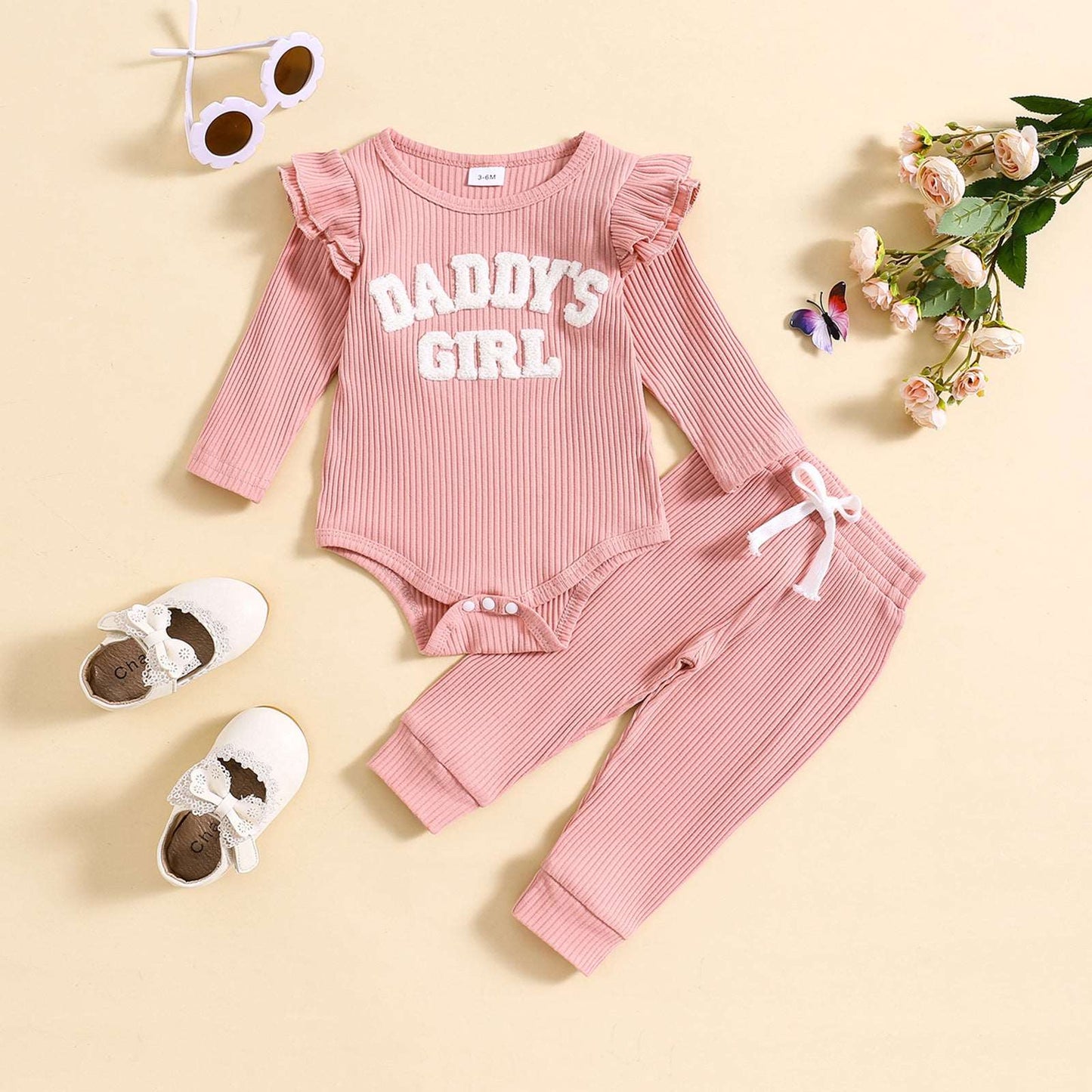 Baby Cute Candy Color Striped and Letter Embroidered Outfit Set