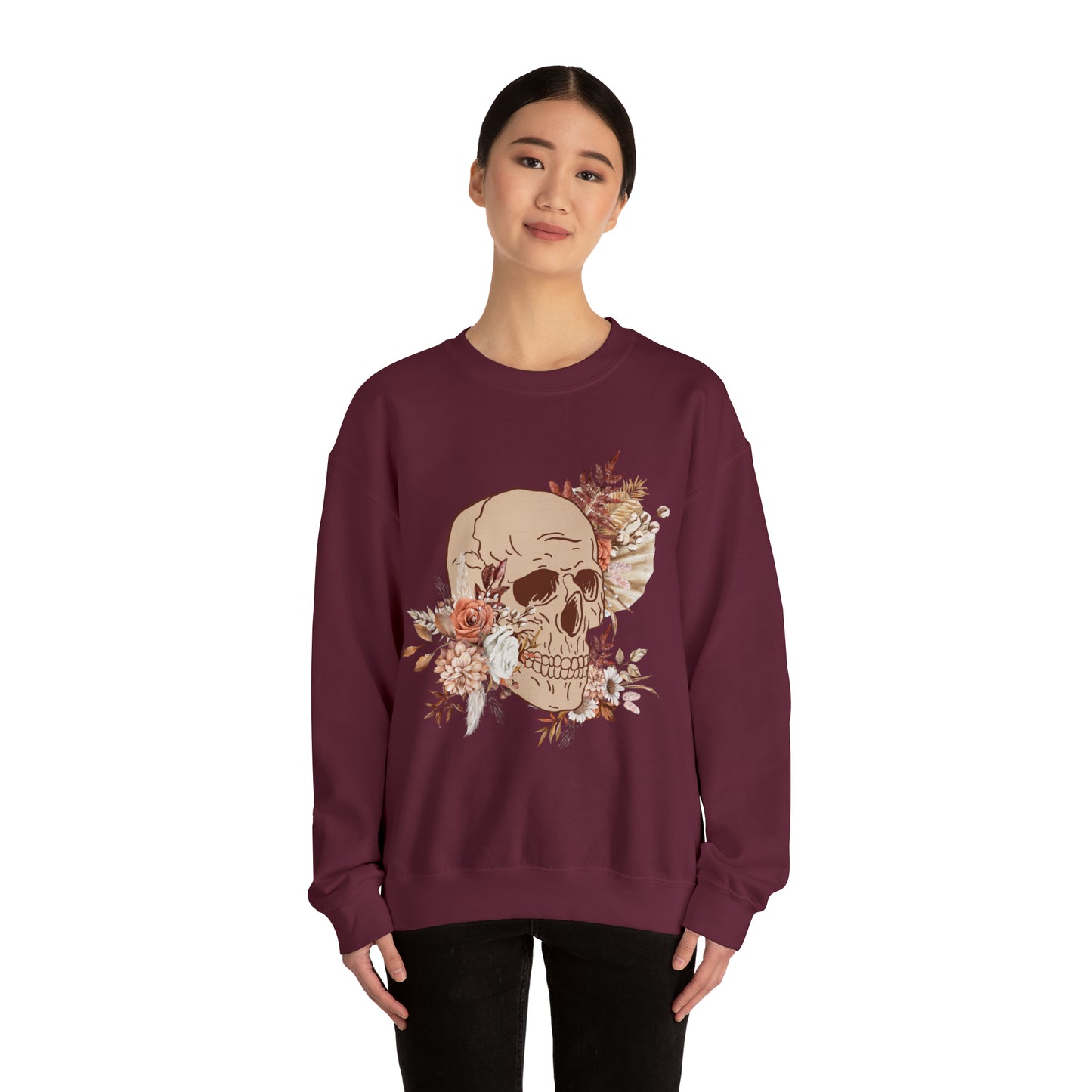 Unisex Vintage Skull and Flower Heavy Blend Crewneck Sweatshirt maroon