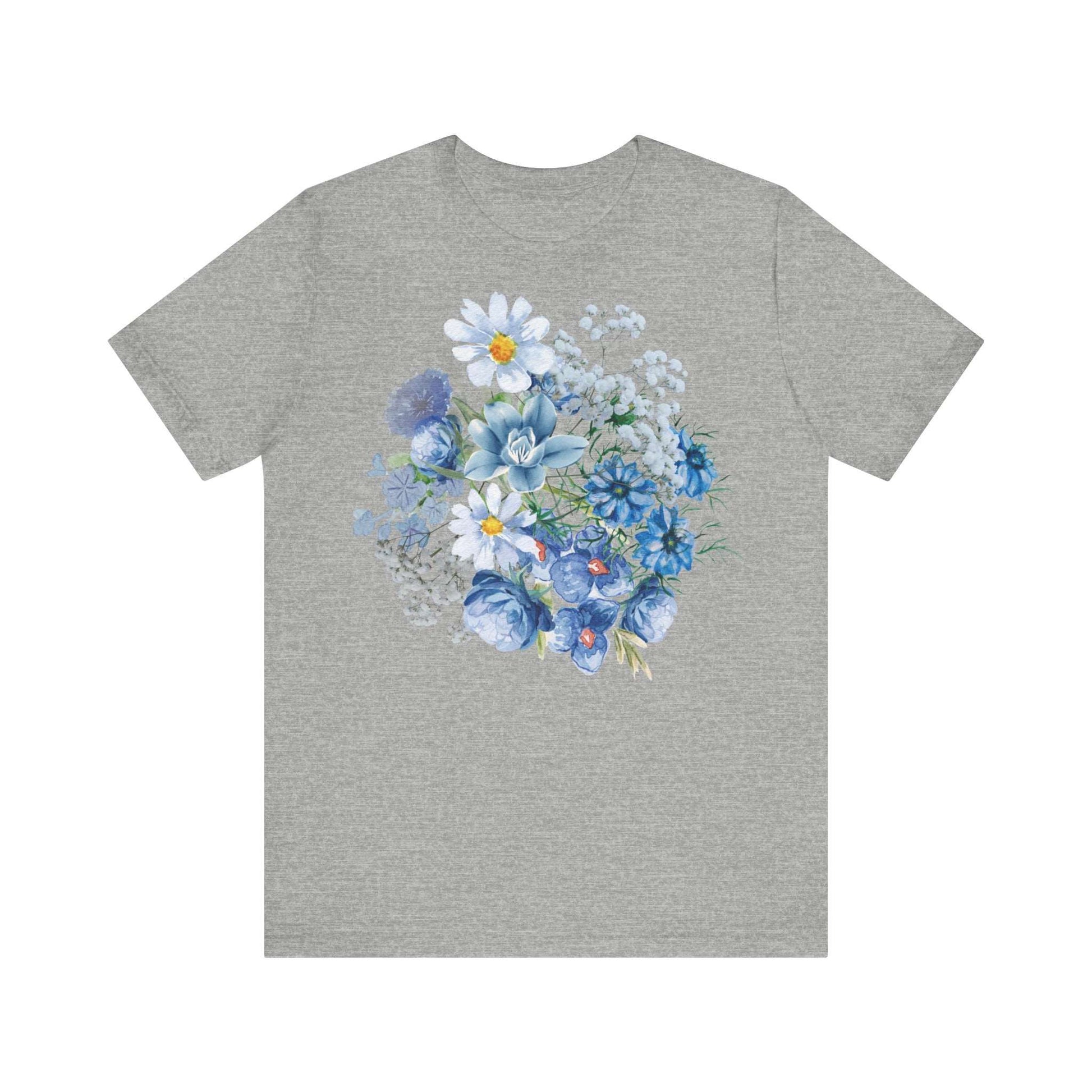 Unisex Vintage Gardening Style Blue Flower Jersey Short Sleeve Tee