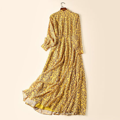 Women's Yellow Floral Print Chiffon Dress With Splits