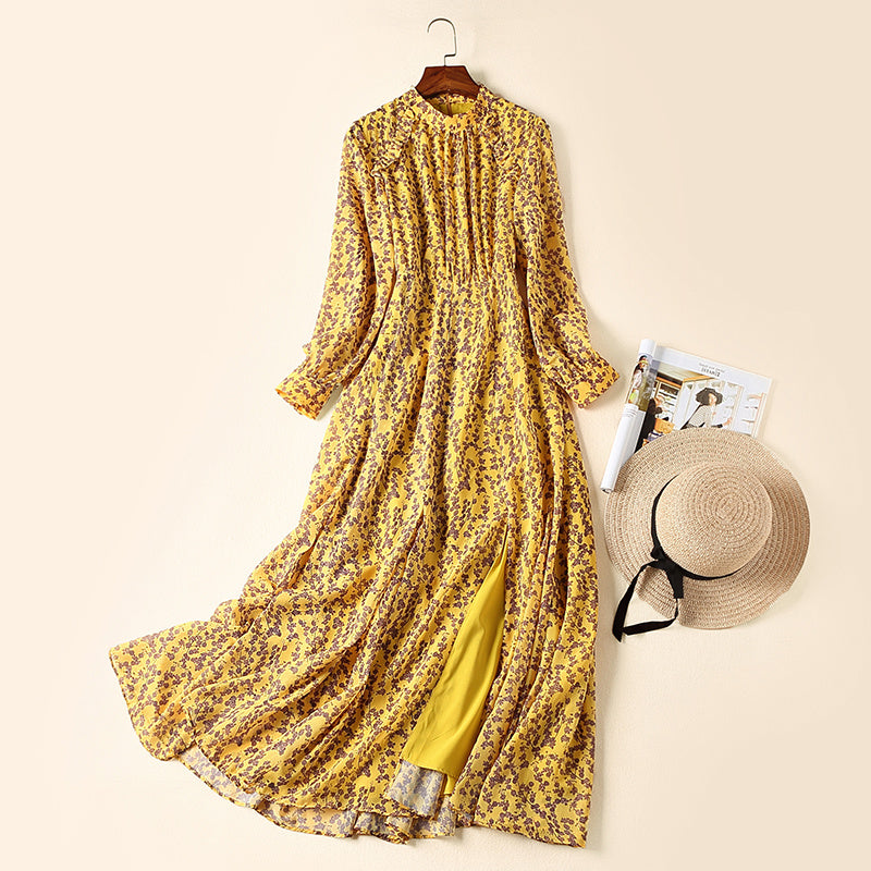 Women's Yellow Floral Print Chiffon Dress With Splits