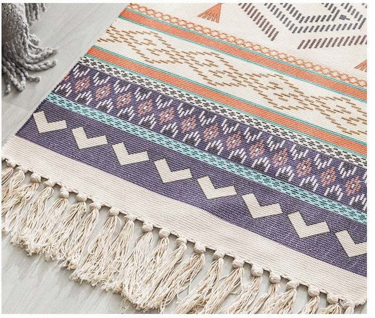 Long Hand Woven Cotton Linen BohemianGeometric Floor Rug