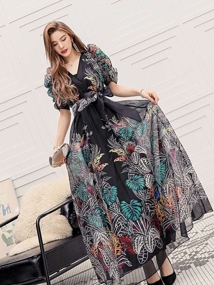 Women's Puff Sleeves V-Neck Floral Print Long Evening Dress