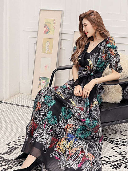 Women's Puff Sleeves V-Neck Floral Print Long Evening Dress