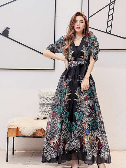 Women's Puff Sleeves V-Neck Floral Print Long Evening Dress