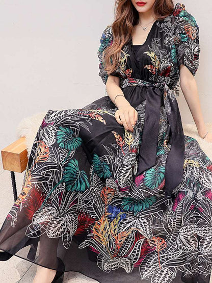 Women's Puff Sleeves V-Neck Floral Print Long Evening Dress