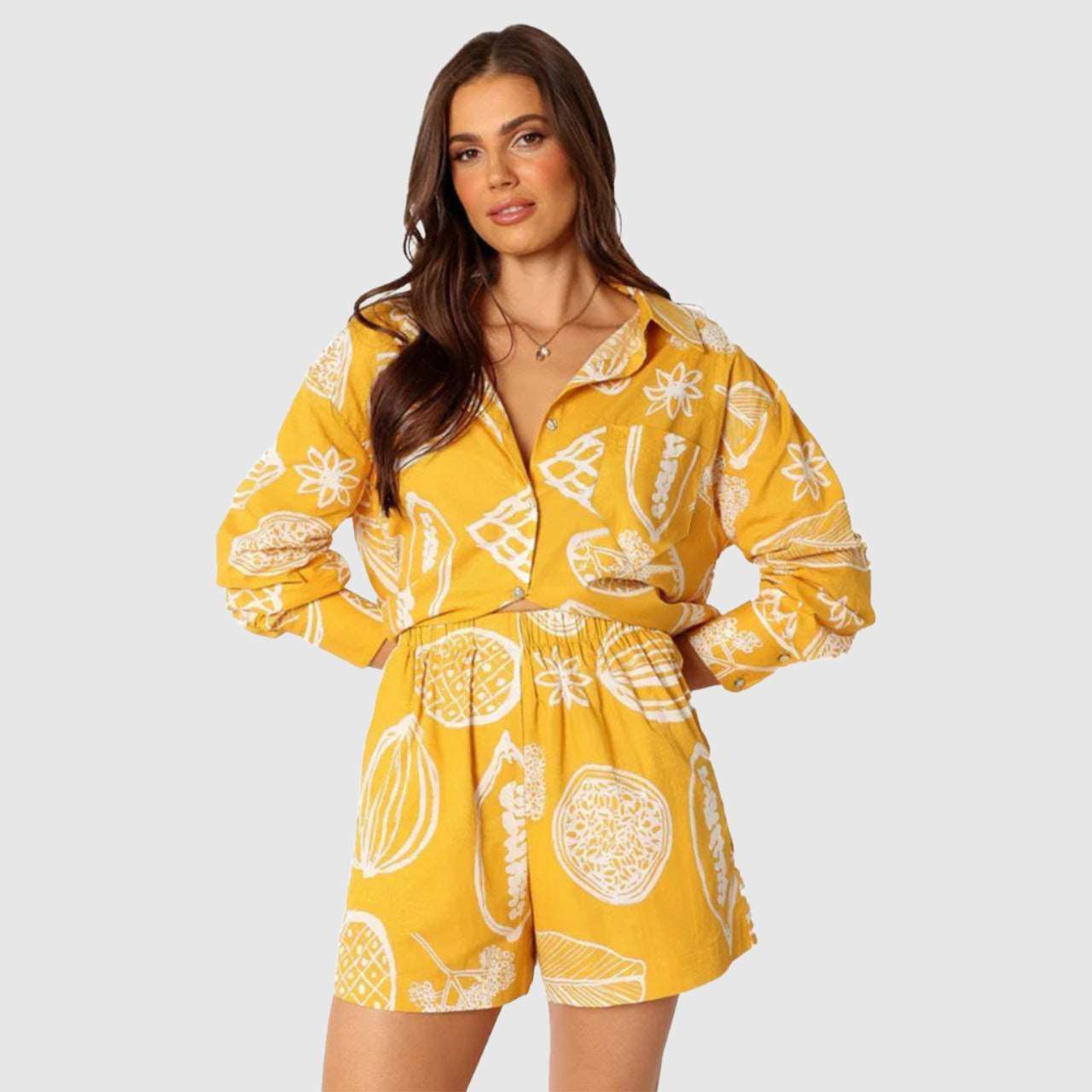 Women's Casual Fruit Printed Short Sleeved Shirt and Shorts Outfit Set