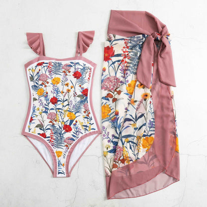 Women's One-piece Swimming Suit and Cover-up Scarf Two-piece Swimwear Set