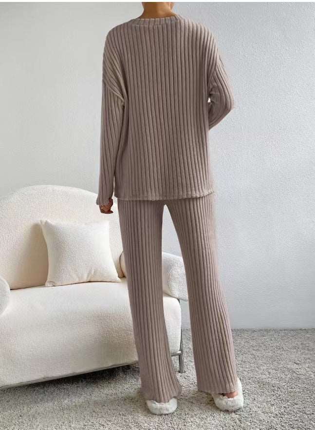 Women's Knitted Straight Leg Pants and Loose V-neck Shirt Two-Piece Outfit Set