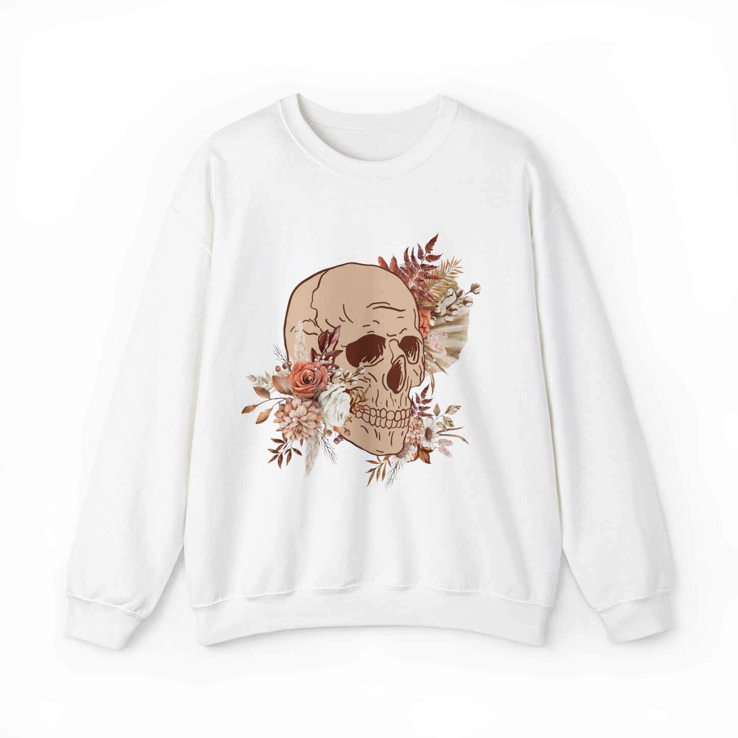 Unisex Vintage Skull and Flower Heavy Blend Crewneck Sweatshirt white front