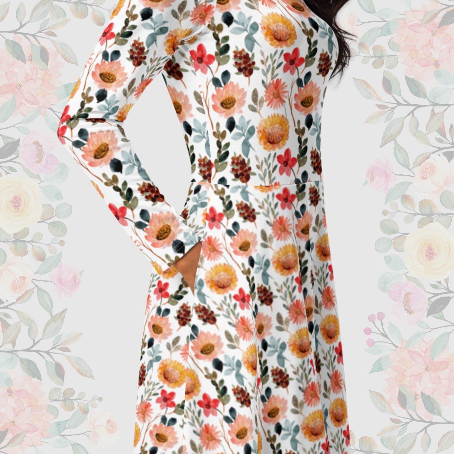 Women's Flower Garden Pattern Long Sleeve Midi Dress