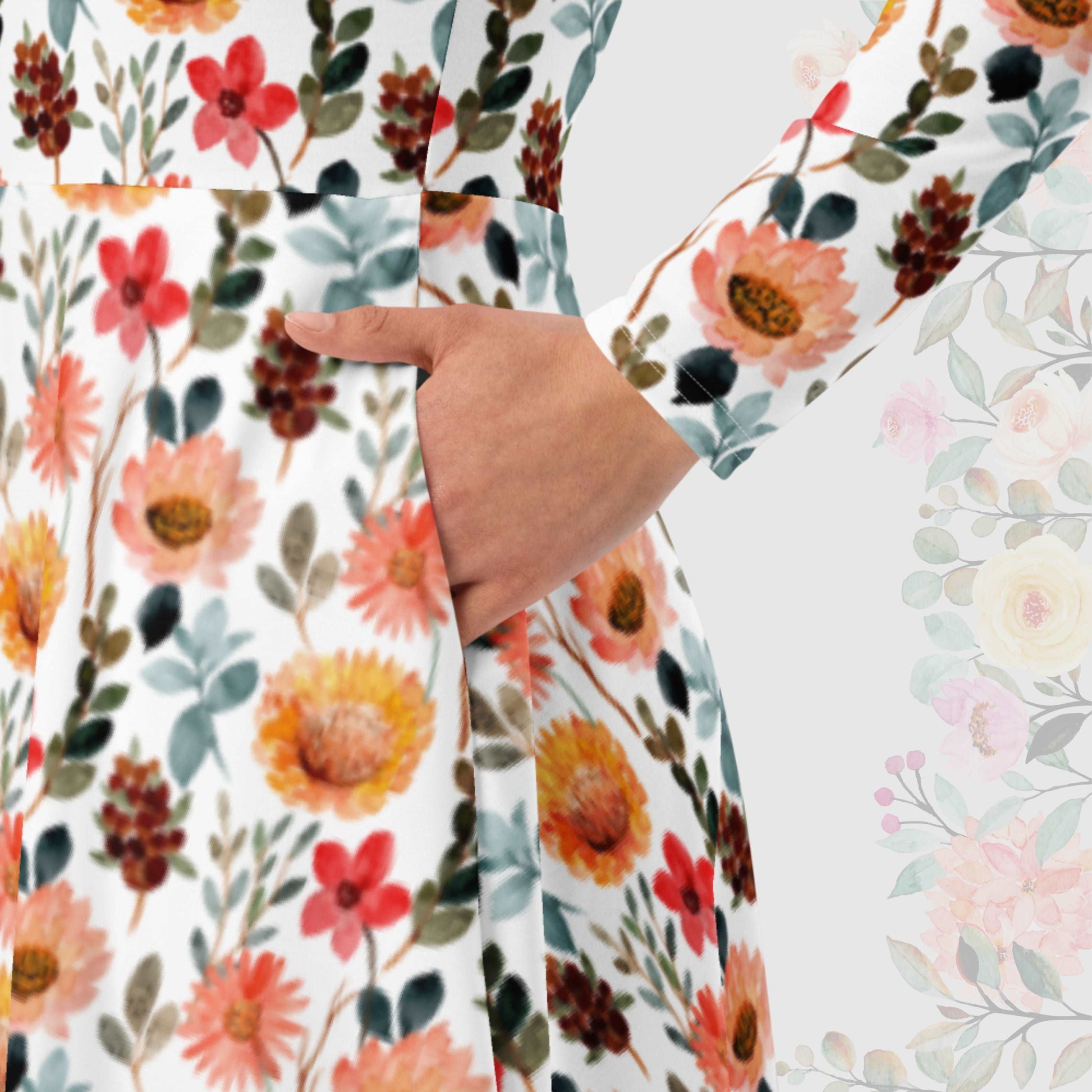 Women's Flower Garden Pattern Long Sleeve Midi Dress