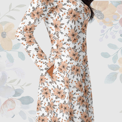 Women's Flower Pattern Long Sleeve Midi Dress