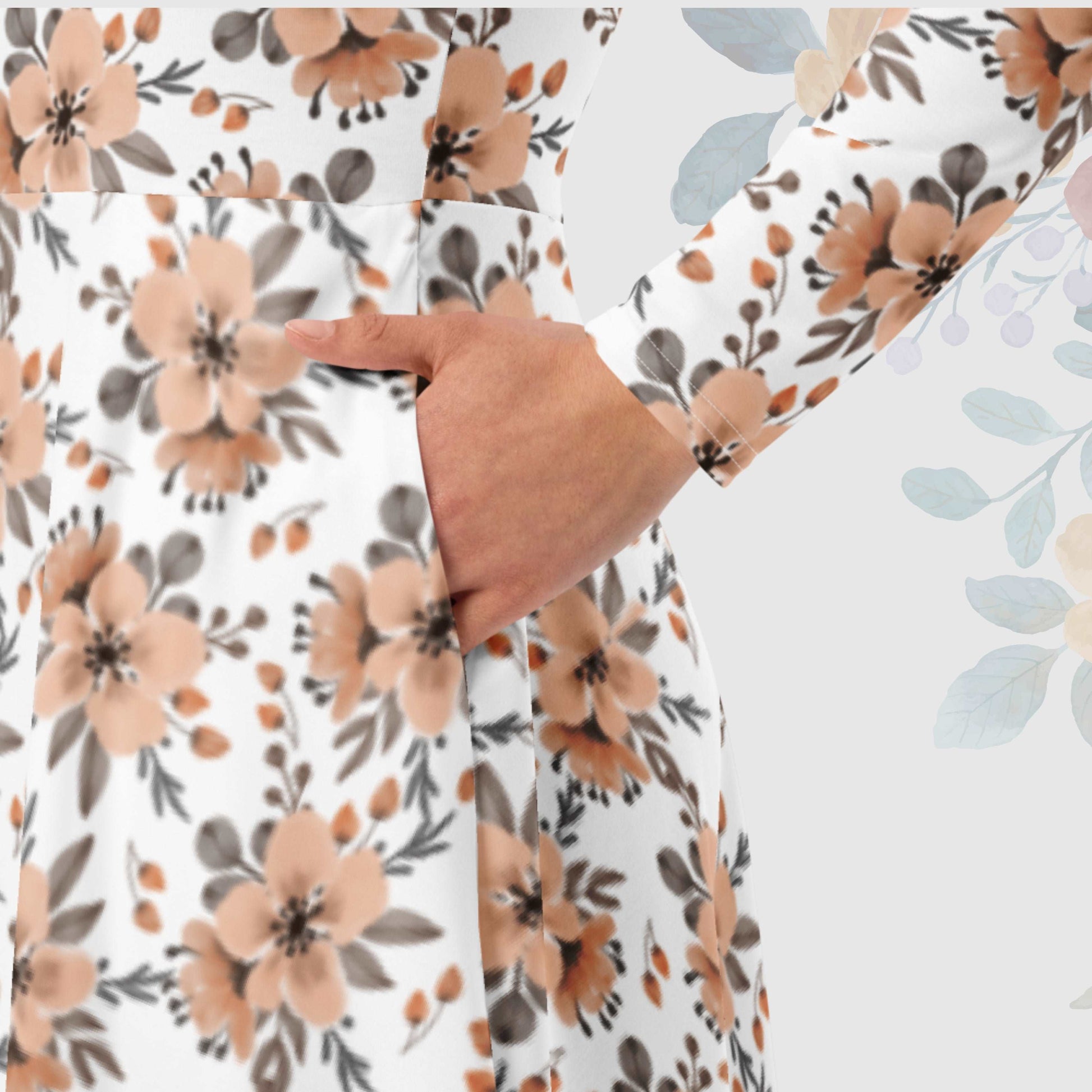 Women's Flower Pattern Long Sleeve Midi Dress