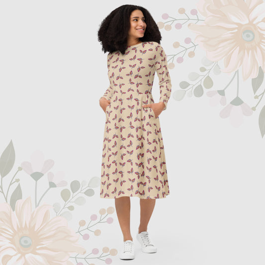 Women's Leaf Pattern Long Sleeve Midi Dress