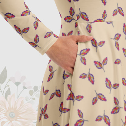 Women's Leaf Pattern Long Sleeve Midi Dress