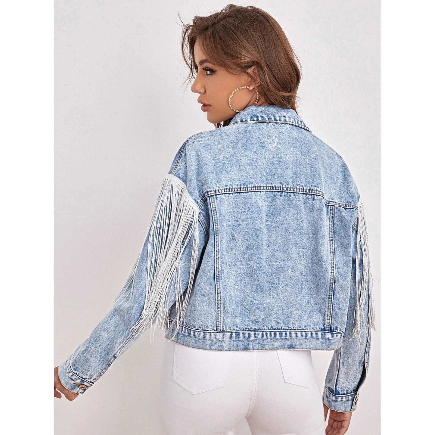 Women's Cowboy Style Denim Jacket with White hanging Strings