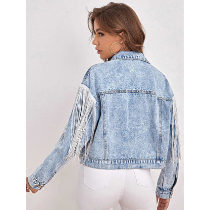Women's Cowboy Style Denim Jacket with White hanging Strings