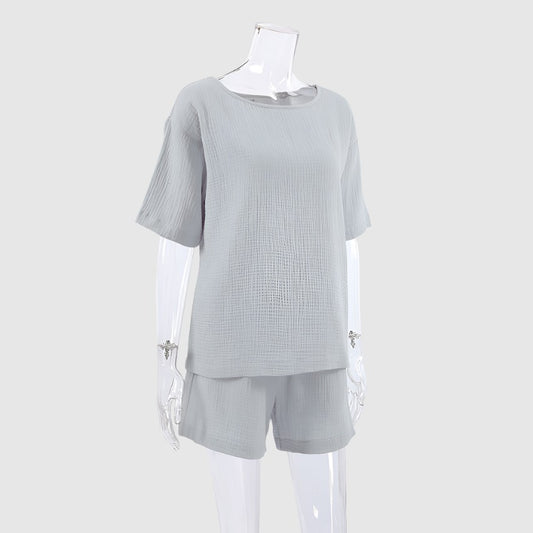 Zweiteiliges Pyjama-Set mit lockerem doppellagigem Gaze-Kurzarmshirt und Shorts für Damen