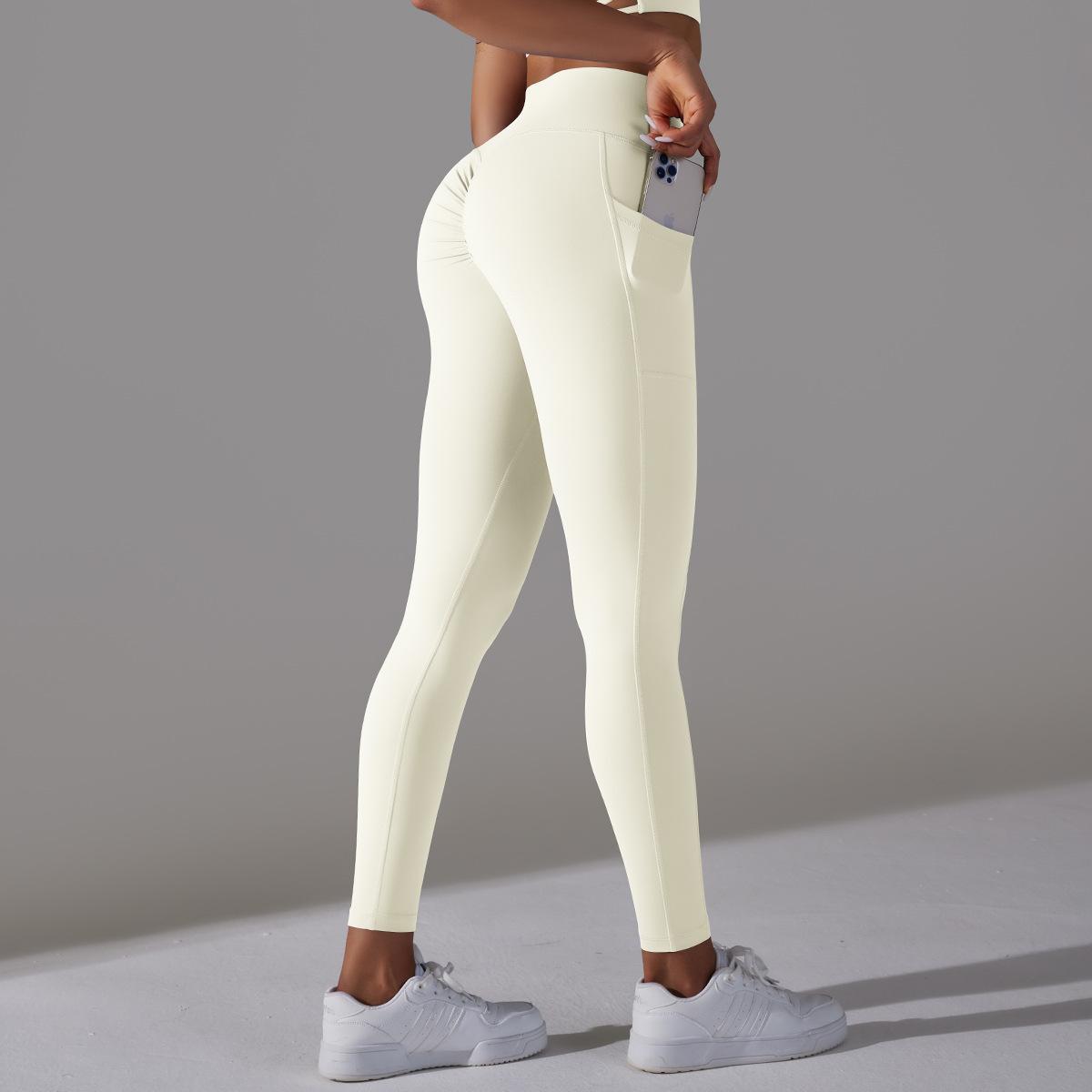 Women's Nude Feel Skin-friendly Cross Waist Stretch Fitness Pants With Pocket