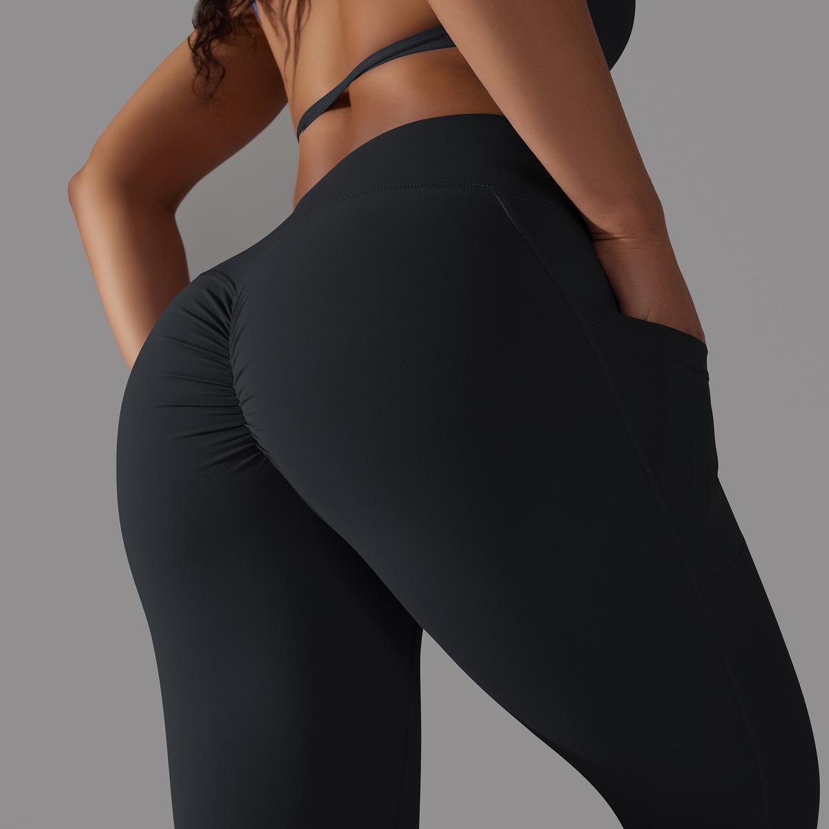 Women's Nude Feel Skin-friendly Cross Waist Stretch Fitness Pants With Pocket