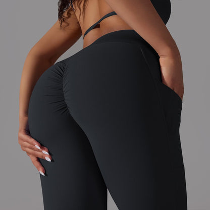 Women's Nude Feel Skin-friendly Cross Waist Stretch Fitness Pants With Pocket