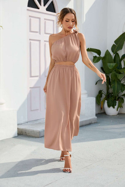Women's Casual Solid Color One Shoulder Bow Short Top and Long Slit Skirt Outfit Set