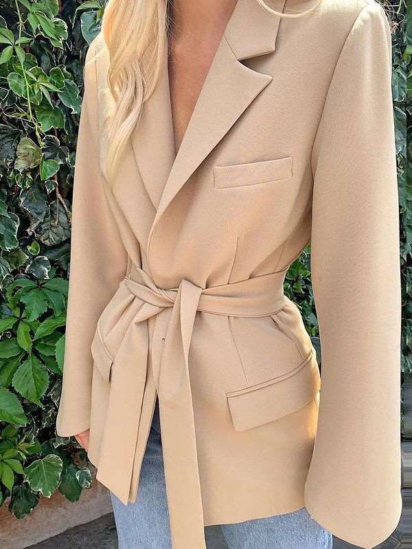 Women's Casual Lapel Collar and Waist Belt Suit Style Jacket