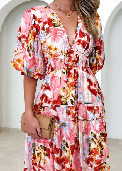 Women's Colorful Printed V-neck Puff Sleeve Dress