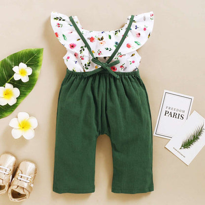 Baby Girl Floral Sleeveless Top and Solid Color Suspender Pants Two-piece Outfit Set