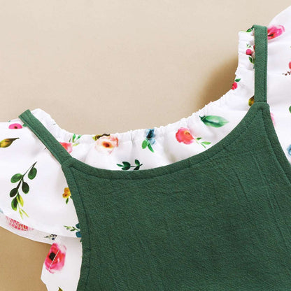 Baby Girl Floral Sleeveless Top and Solid Color Suspender Pants Two-piece Outfit Set