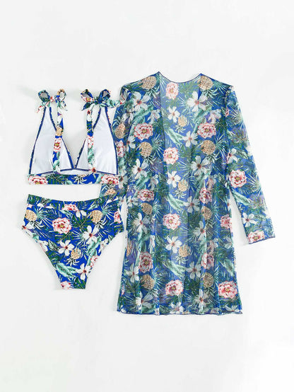 Women's Multicolor Printed Two-piece Swimsuit with Cover-up Robe