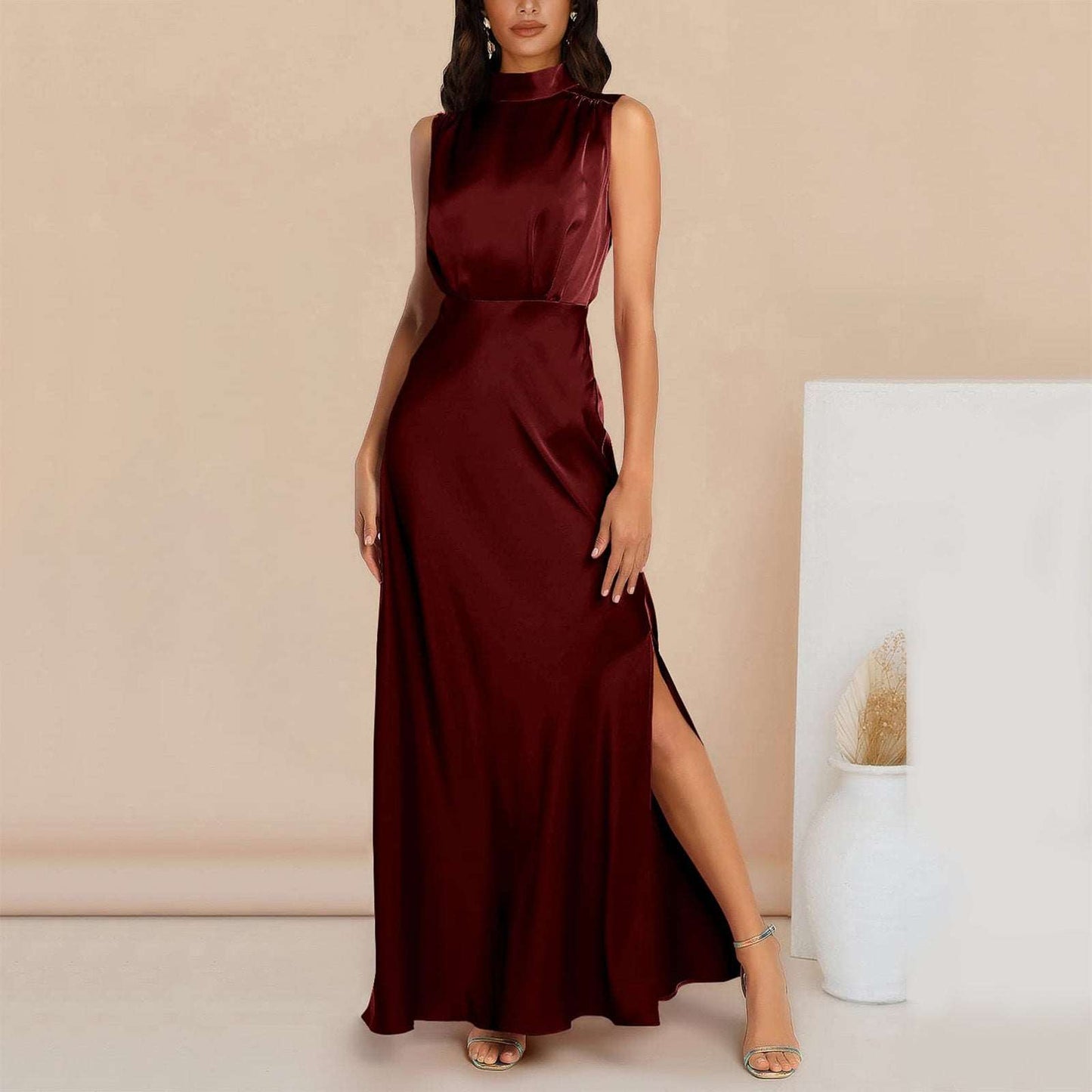 Women's Elegant Satin Stand Collar Long Dress