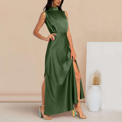 Women's Elegant Satin Stand Collar Long Dress