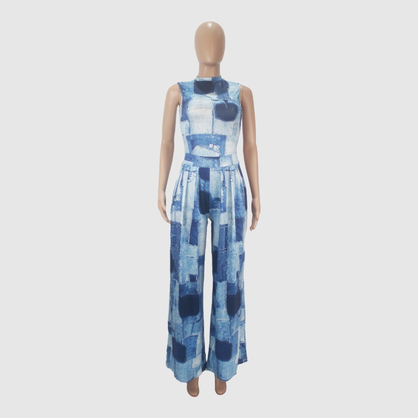 Women's Colorful Pattern Print Sleeveless Wide Leg Pants and Bodysuit Outfit Set