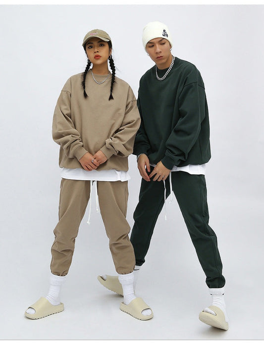Unisex Heavy Terry Solid Color Loose Round Neck Sweatshirt and Sweatpants
